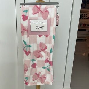 Savannah Sweet Pink/White/Green "Ribbons/Bows/Hearts" Plush Throw Blanket